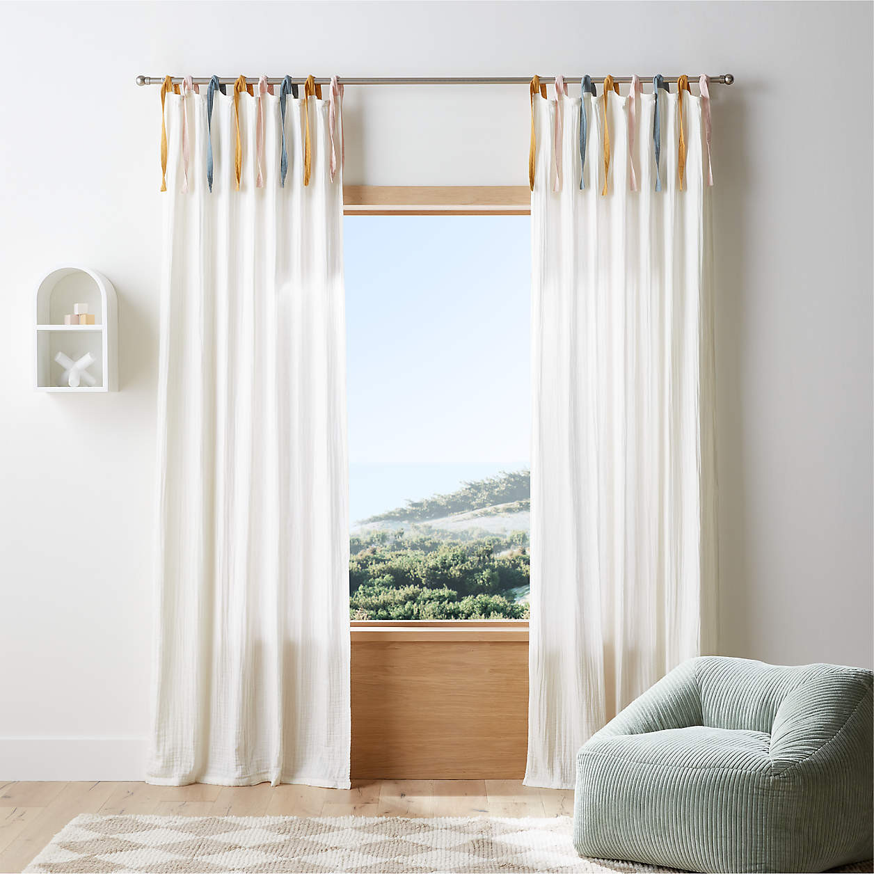 Multicolor Tie White Muslin Kids Window Curtain Panel 44"x84" + Reviews | Crate & Kids | Crate & Barrel