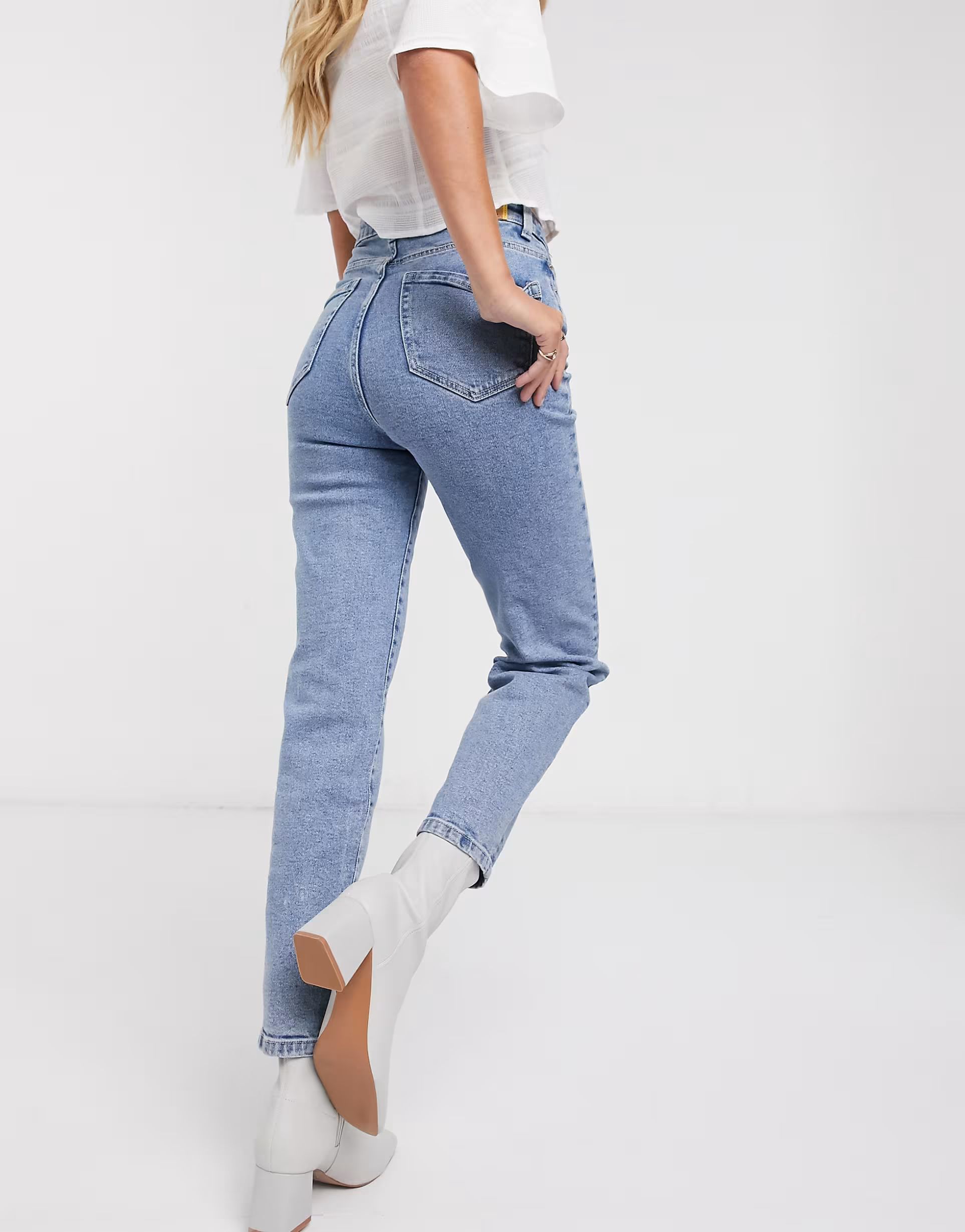 Stradivarius cotton slim mom jean with stretch in washed blue - MBLUE | ASOS (Global)