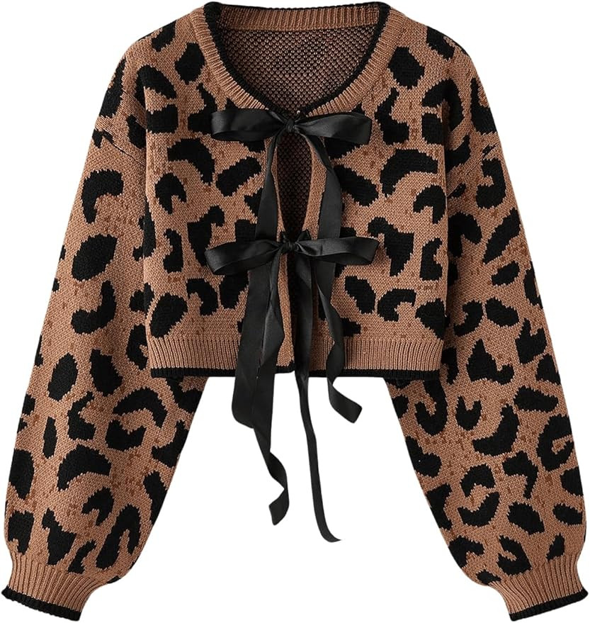 Women's Y2k Cheetah Cardigan Sweater Bow Tie Front Cardigan Leopard Print Crop Sweater Long Sleev... | Amazon (US)