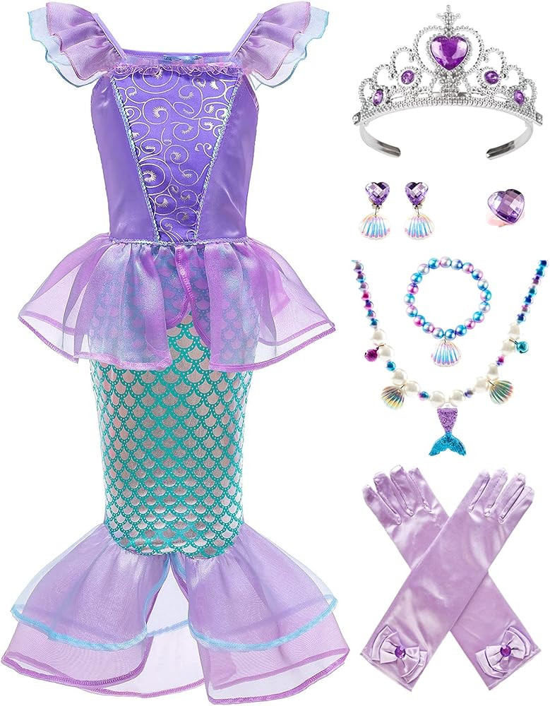 Mermaid Costume for Girls Halloween Princess Dress Up with Jewelry | Amazon (US)