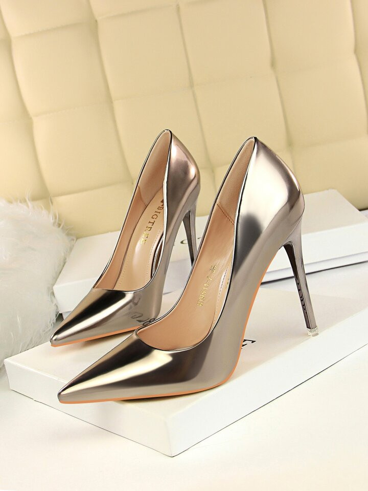 Artificial Patent Leather Point Toe Stiletto Heeled Court Pumps, Bronze Party Solid Color High He... | SHEIN
