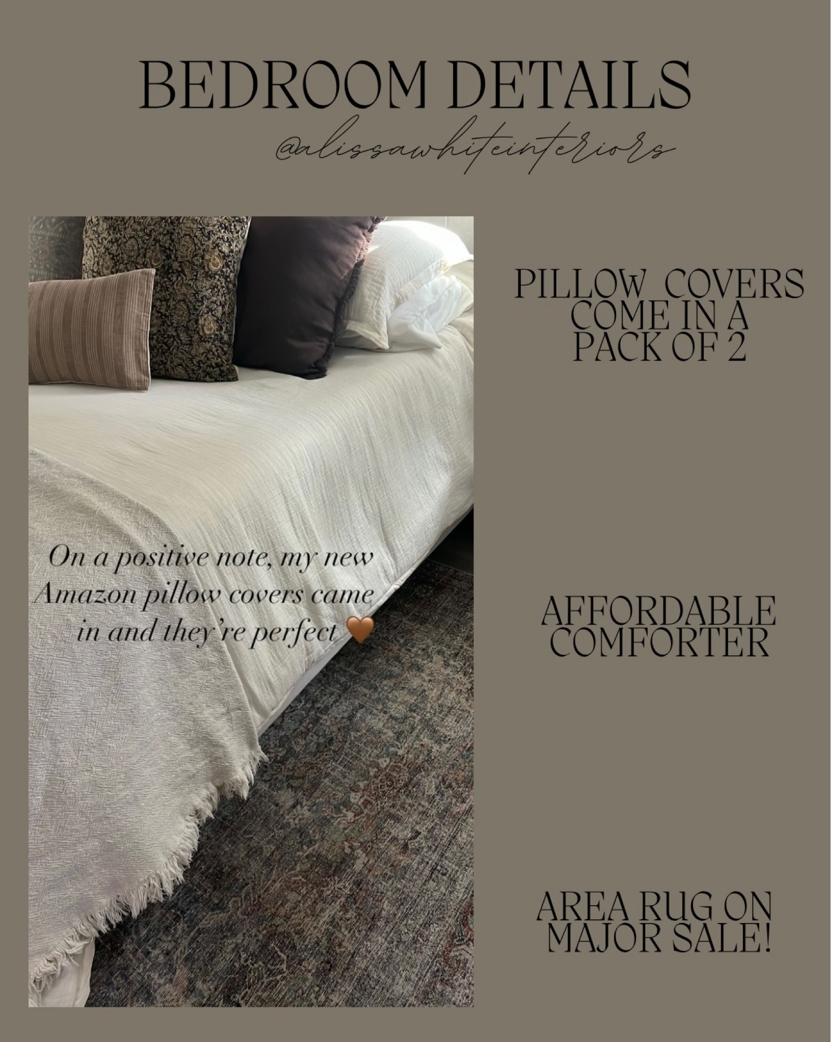 Bedroom details. 

Primary bedroom. Pillows. Pillow covers. Area rug. Comforter. Bedding. Duvet. Amazon. 

#LTKhome #LTKfindsunder50 #LTKfindsunder100
