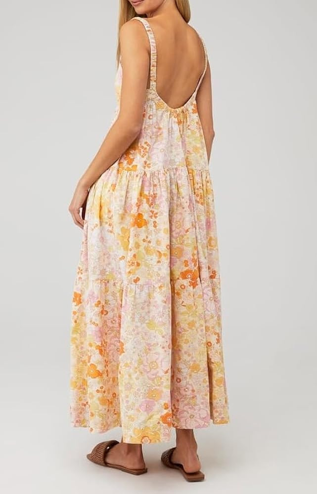 UAURORAO Women Bow Tie Shoulder Maxi Dress Boho Floral Graffiti Shirred Long Dress Flowy Ruffle L... | Amazon (US)