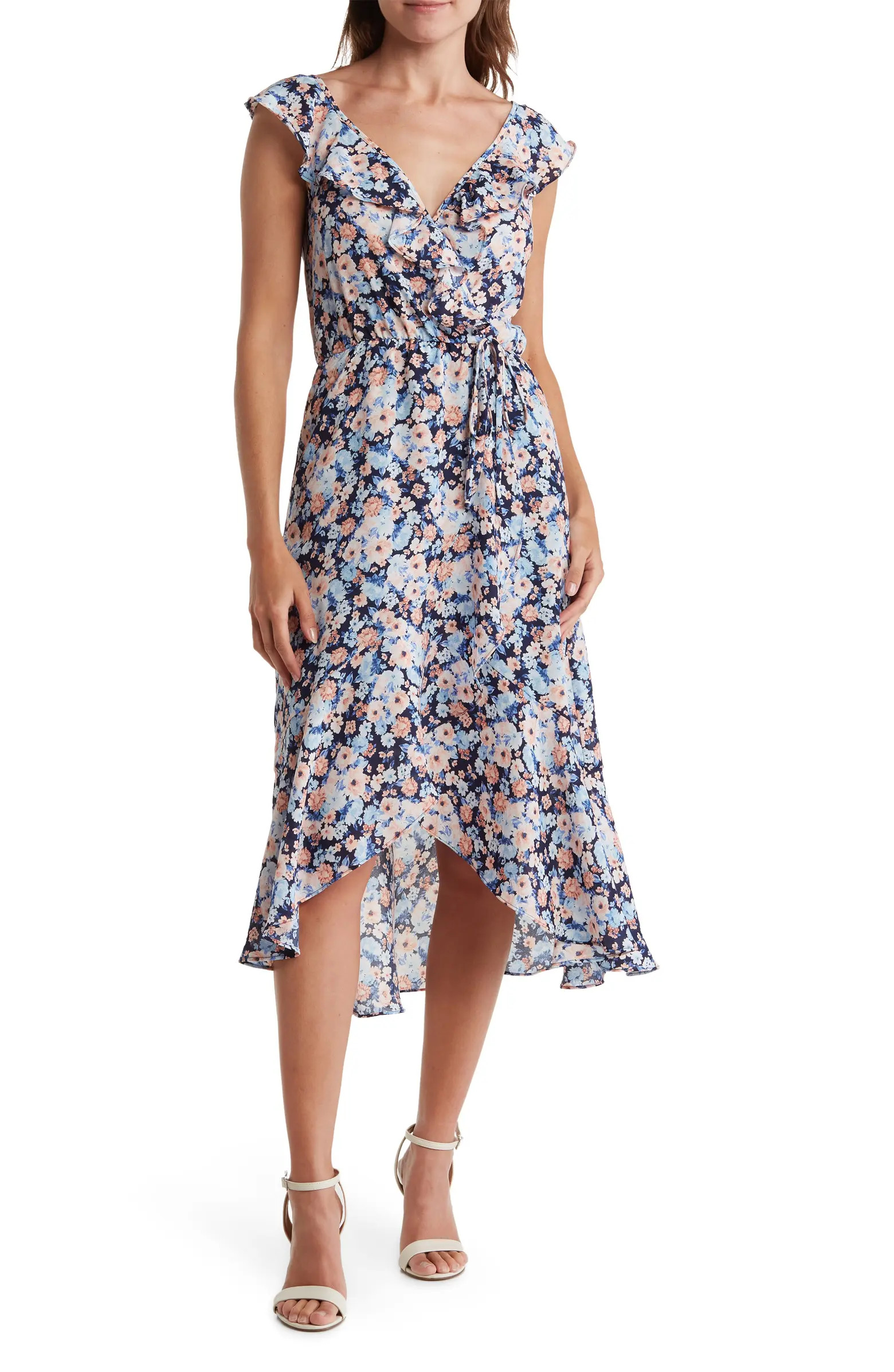 Ruffle Print Wrap Midi Dress | Nordstrom Rack