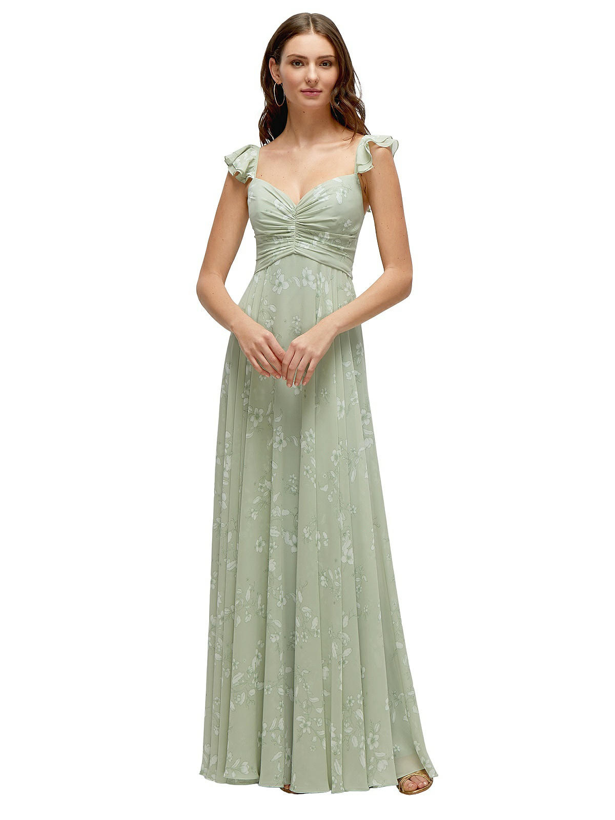 Convertible Ruffle Strap Chiffon Maxi Dress with Full Circle Skirt in Vintage Primrose Sage | The Dessy Group