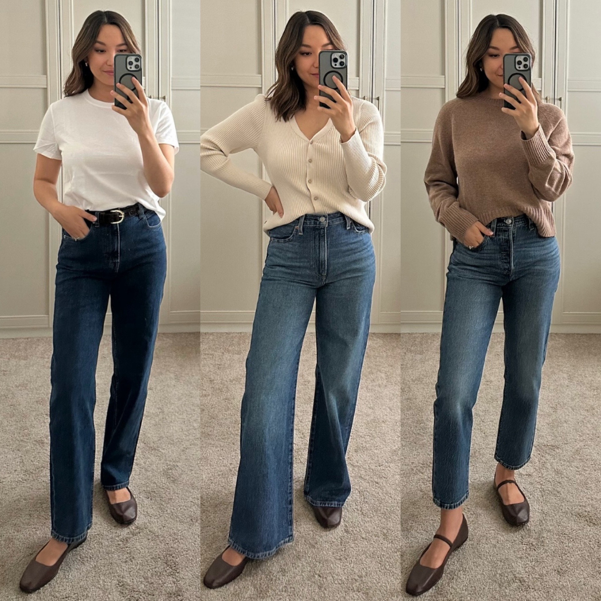 Styling 3 different jeans for the fall 

• left jeans - everlane the way high jeans 
• middle jeans - Levi’s ribcage, have a little more texture compared to my Madewell ones
• right jeans - Levi’s 501 originals cropped, classic ankle jean, this wash has a low stretch for extra comfort 
• everlane white tee 
• Levi’s cardigan
• everlane boxy sweater
• Madewell Greta ballet flats 

#LTKStyleTip #LTKSeasonal