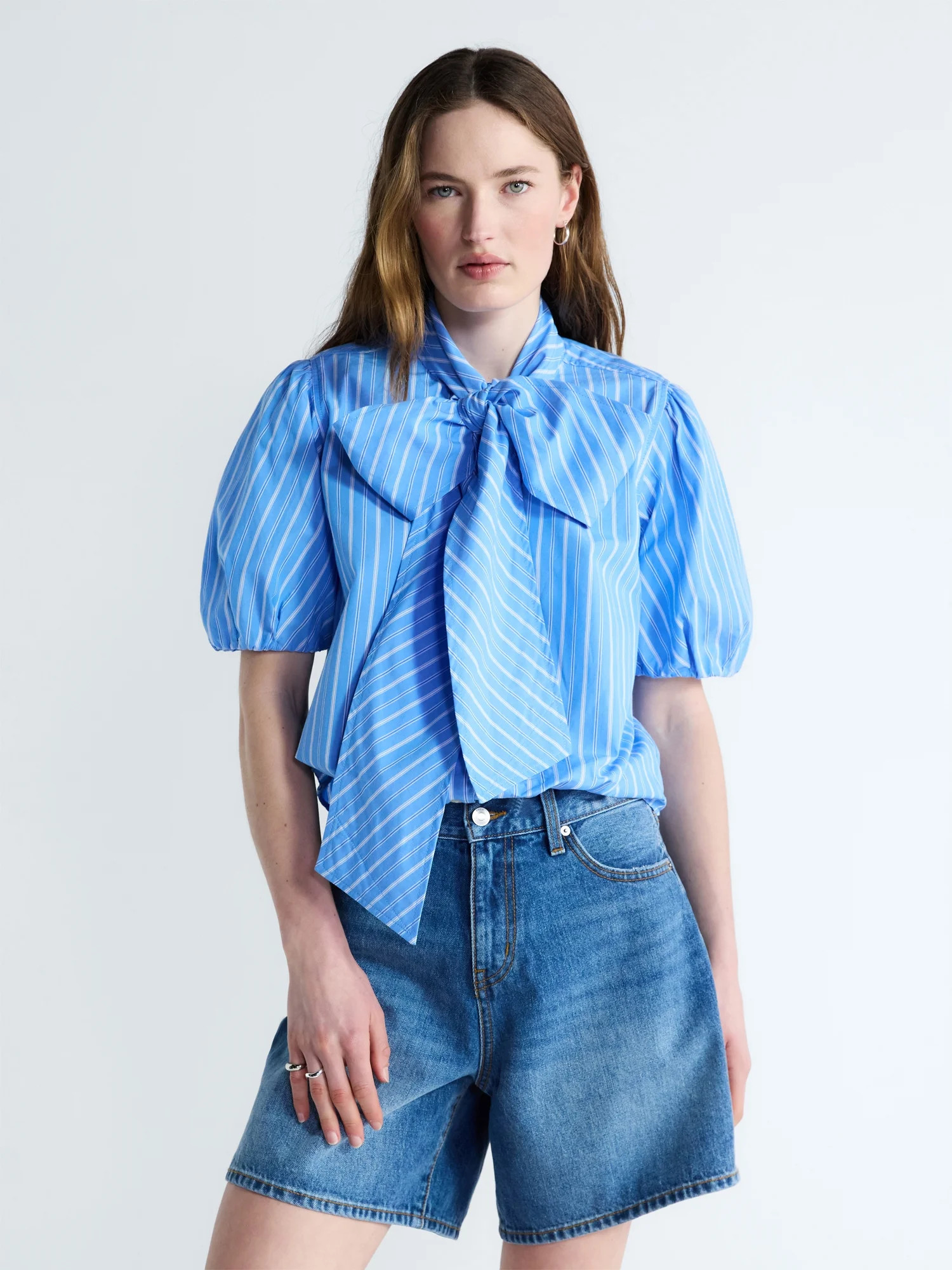 Free Assembly Women's Cotton Bow Blouse with Short Puff Sleeves, Sizes XS-XXL | Walmart (US)