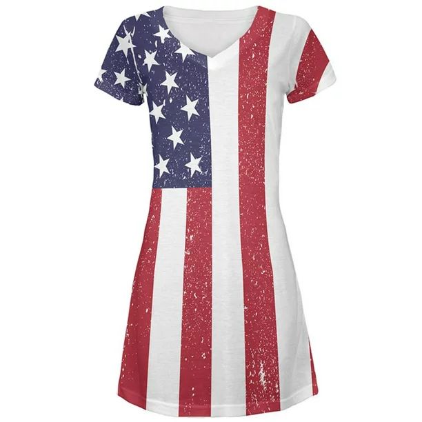 4th of July American Flag Distressed Juniors V-Neck Beach Cover-Up Dress | Walmart (US)