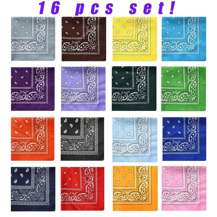 [16 PCS SET]Polyester Cashew Paisley BANDANA Square Scarf Super Value Multi-Color Set Hip-Hop Roc... | SHEIN