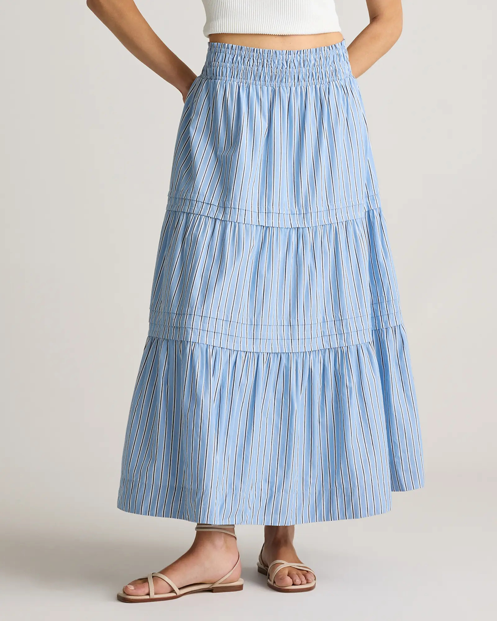 100% Organic Cotton Poplin Tiered Maxi Skirt in Tribeca Stripe | Quince
