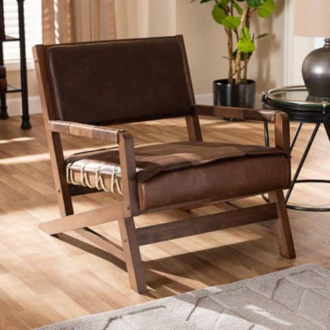Rovelyn Brown Faux Leather and Walnut Wood Lounge Chair | Lamps Plus