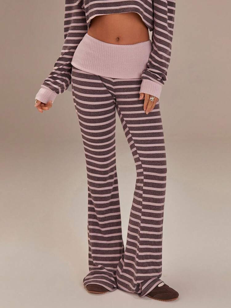 Athîral Women's Casual Pink And Brown Striped Elastic Waist Flared Pants, Featuring A Spliced ​​Waistband Design, Slim Fit, Comfortable, Soft Knit Fabric,Summer Outfits For Women,Valentine Outfits For Women,Spring Break Outfits,Suitable For Lounging At Home Or Going Out | SHEIN