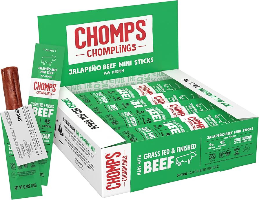 Chomps Snack Size Grass-Fed and Finished Jalapeño Beef Jerky Snack Sticks 0.5oz 24-Pack - Keto, ... | Amazon (US)