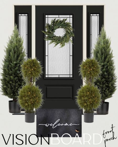 Front porch vision board with lots of greens and blacks!

Faux evergreen trees, faux bushes, holiday decor, all season decor, front porch door matt, realistic wreath 

#LTKxPrime #LTKhome #LTKHoliday
