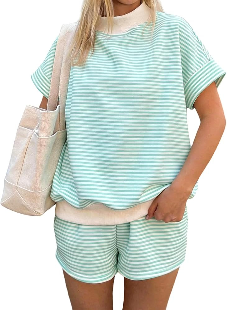 Colorful world Womens Short Sets Trendy Mock Neck Short Sleeve Tops Casual Shorts Mockneck Set Su... | Amazon (US)