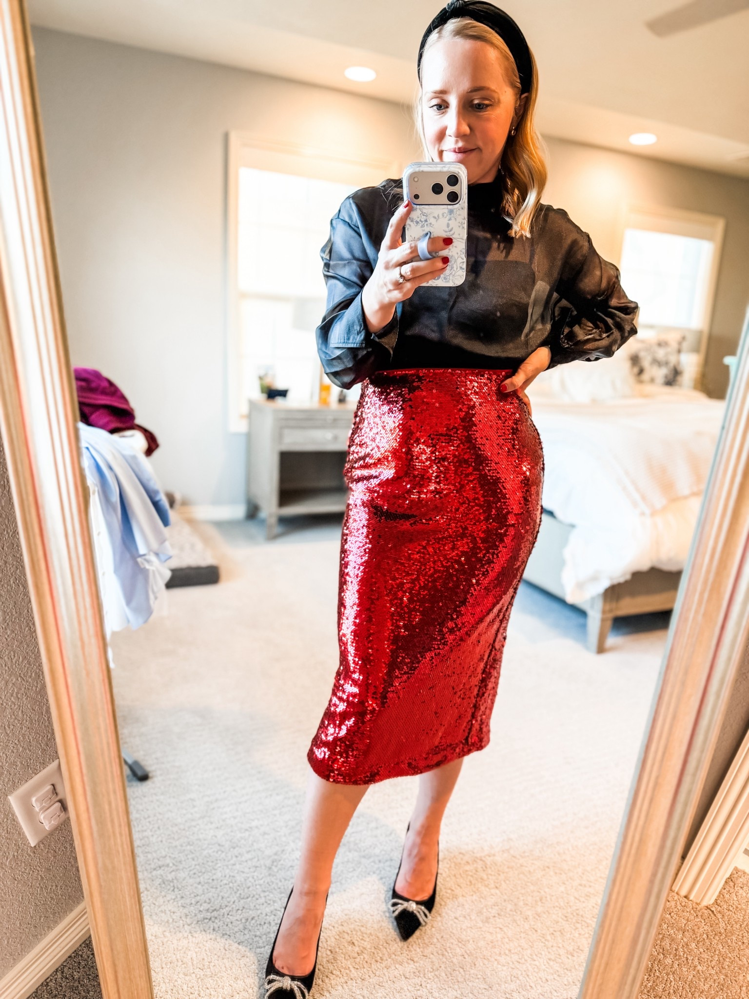 Wear to a festive holiday event or NYE party! I love this sheer blouse with a bra built in. Sized down to xs petite. Rounding up lots of red sequin skirts and similar heels! 

Holiday outfit, holiday fashion, NYE, sequins, sheer top, petite 

#LTKHoliday #LTKSaleAlert #LTKPetite