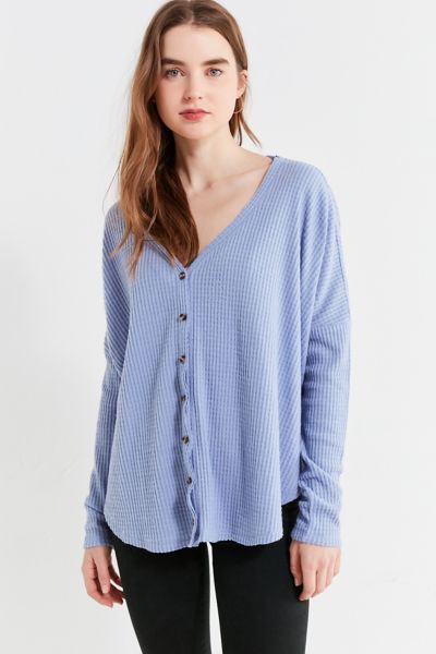 Out From Under Jojo Oversized Thermal Button-Front Top - Blue S at Urban Outfitters | Urban Outfitters US