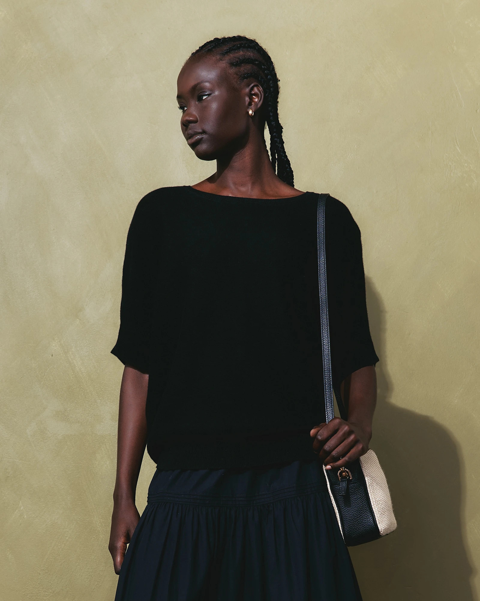 Quince | Women's Lightweight Cotton Cashmere Link-Stitch Dolman Sweater in Black, Size XL | Quince