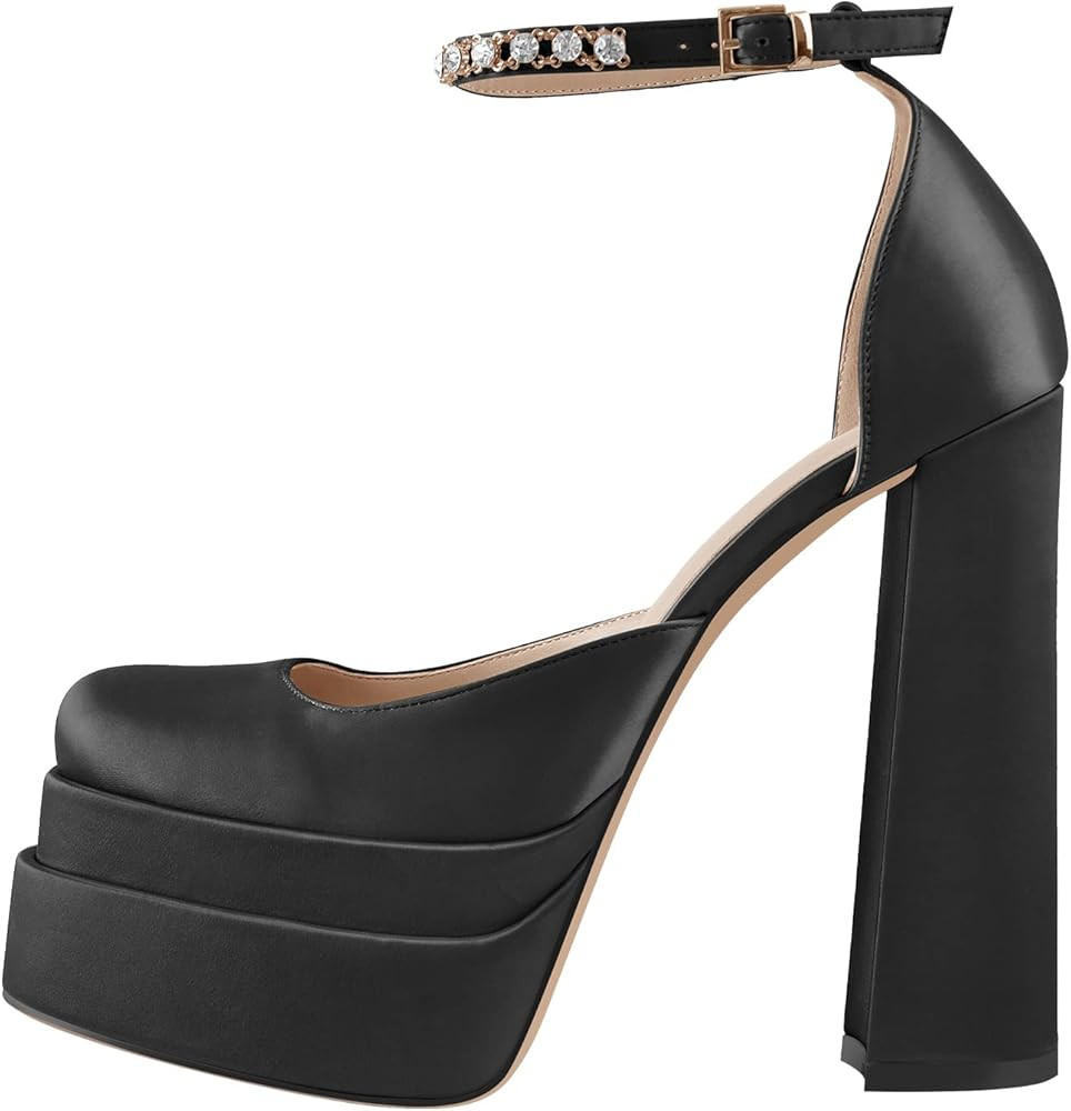 Dollskiss Women's Pumps Rhinestone Ankle Strap Mary Jane Platform Heels Square Closed Toe Chunky Hig | Amazon (US)