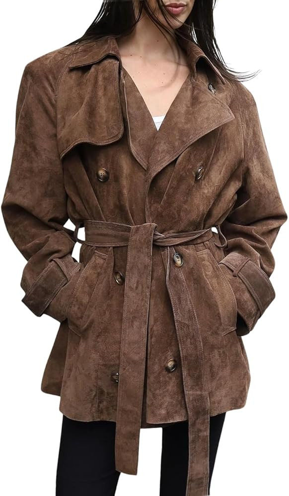 chouyatou Women Faux Suede Leather Trench Coat Double Breasted Midi Long Pea Coat Overacoat with ... | Amazon (US)