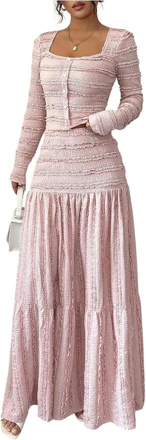 SOLY HUX Women's Maxi Skirt Set 2 Piece Outfits Long Sleeve Button Up Top and Flowy Skirts Fall C... | Amazon (US)