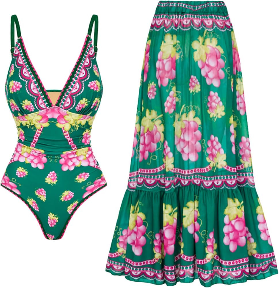 FLAXMAKER Women One Piece Deep V Neck Grapes Print Padded Swimsuit Two Piece Swimwear Bathing Sui... | Amazon (US)