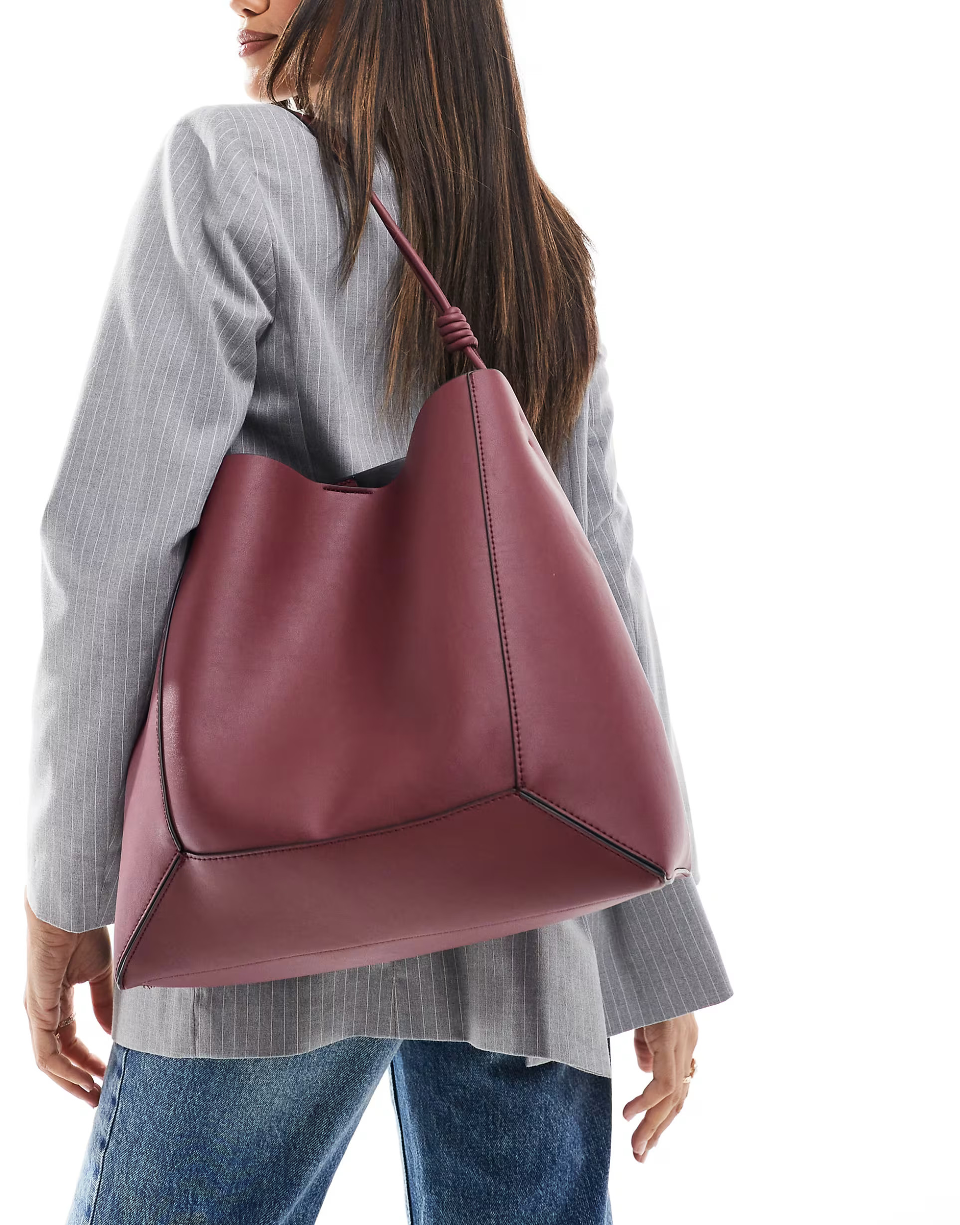 ASOS DESIGN panelled tote bag with knot handle in burgundy | ASOS (Global)