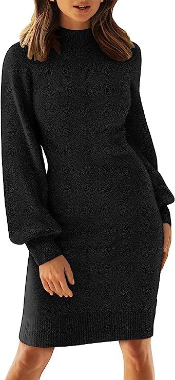 ANRABESS Women's Puff Long Sleeve Mock Neck Furry Warm Bodycon Midi Sweater Dress | Amazon (US)