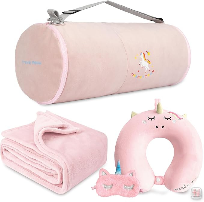 Kids Travel Blanket and Pillow- Premium Soft Pink Airplane Blanket with Adjustable Travel Bag, Ha... | Amazon (US)