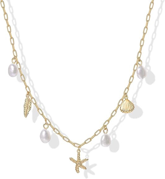 PAVOI 14K Gold Plated Beach Charm Necklace for Women - Dainty Paperclip Chain Trendy Beachy Multi... | Amazon (US)