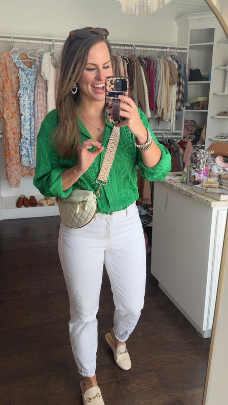 Spring & summer outfit from Amazon! Love this fun green button down (super soft, stretchy + doesn’t show wrinkles!) perfect tops for work or weekend! Paired it with my fave white jeans from old navy and loafers / mules from Amazon. 🤩 linking the sunglasses + belt bag & bracelets below too! 

#LTKfindsunder50 #LTKstyletip #LTKworkwear