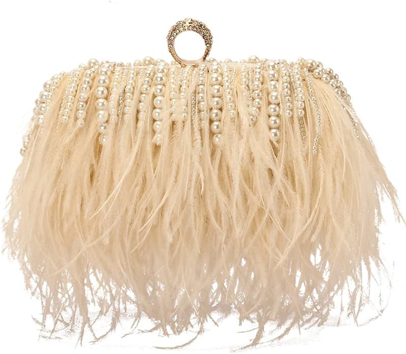 Women Real Natural Ostrich Feather Evening Bags Purses Clutch Vintage Banquet Handbag | Amazon (US)