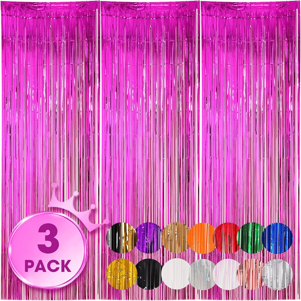 Voircoloria 3 Pack 3.3x8.2 Feet Pink Foil Fringe Backdrop Curtains, Tinsel Streamers Birthday Par... | Amazon (US)