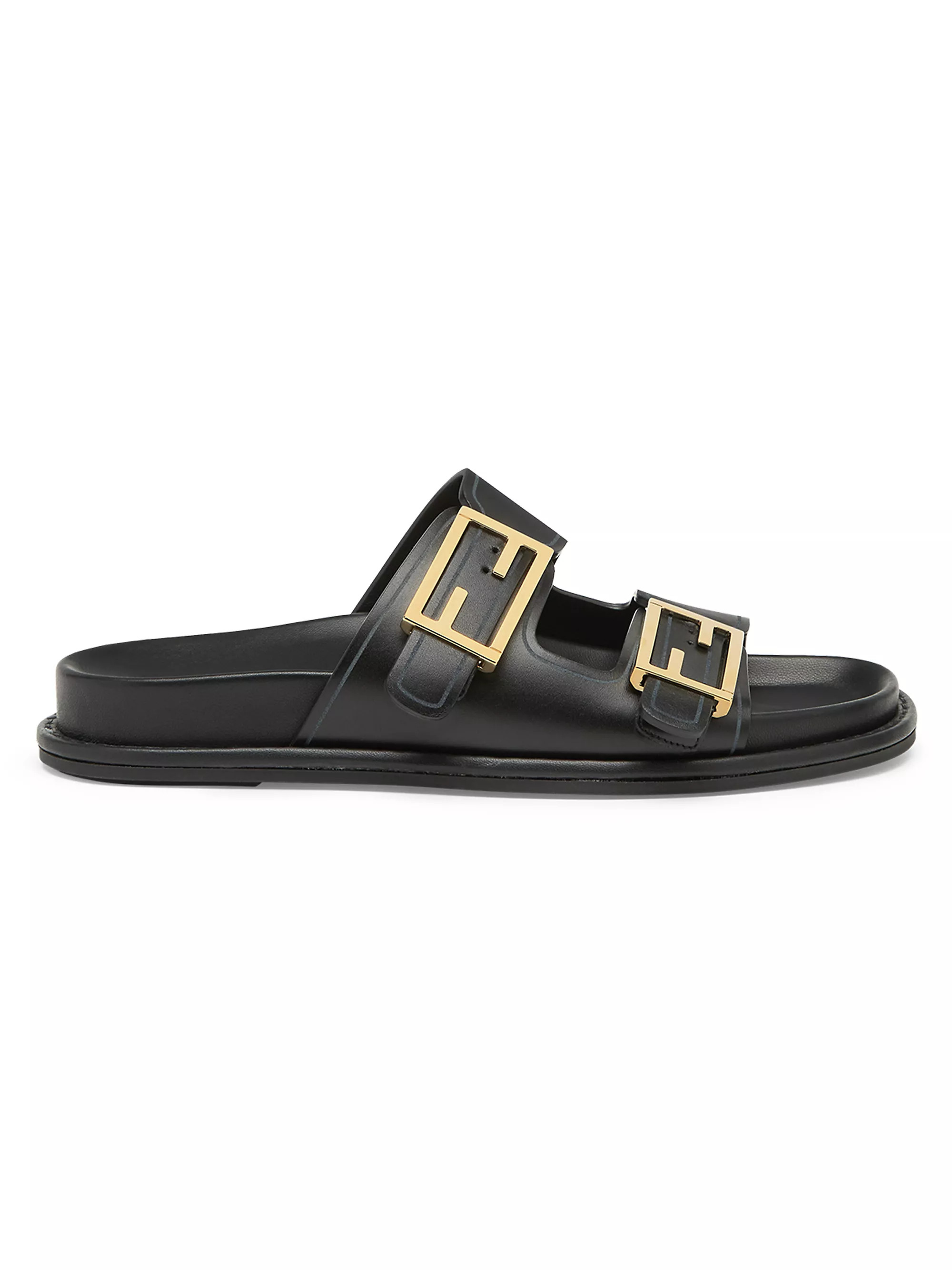 Shop Fendi Fendi Feel Buckle Leather Slides | Saks Fifth Avenue | Saks Fifth Avenue