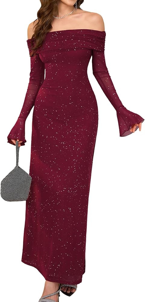 KUTUMAI Women Off Shoulder Bodycon Maxi Dress Long Sleeve Mesh Ruched Party Formal Wedding Guest ... | Amazon (US)