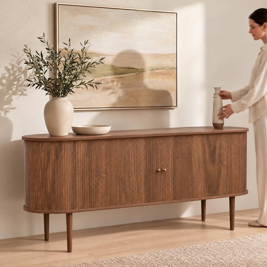WERMO 71'' Fluted Sideboard Buffet Cabinet with Sliding Doors and Adjustable Shelves for Dining Room, Living Room, Entryway. Mid Century Modern Fluted Cabinet with Storage (Walnut) | Amazon (US)