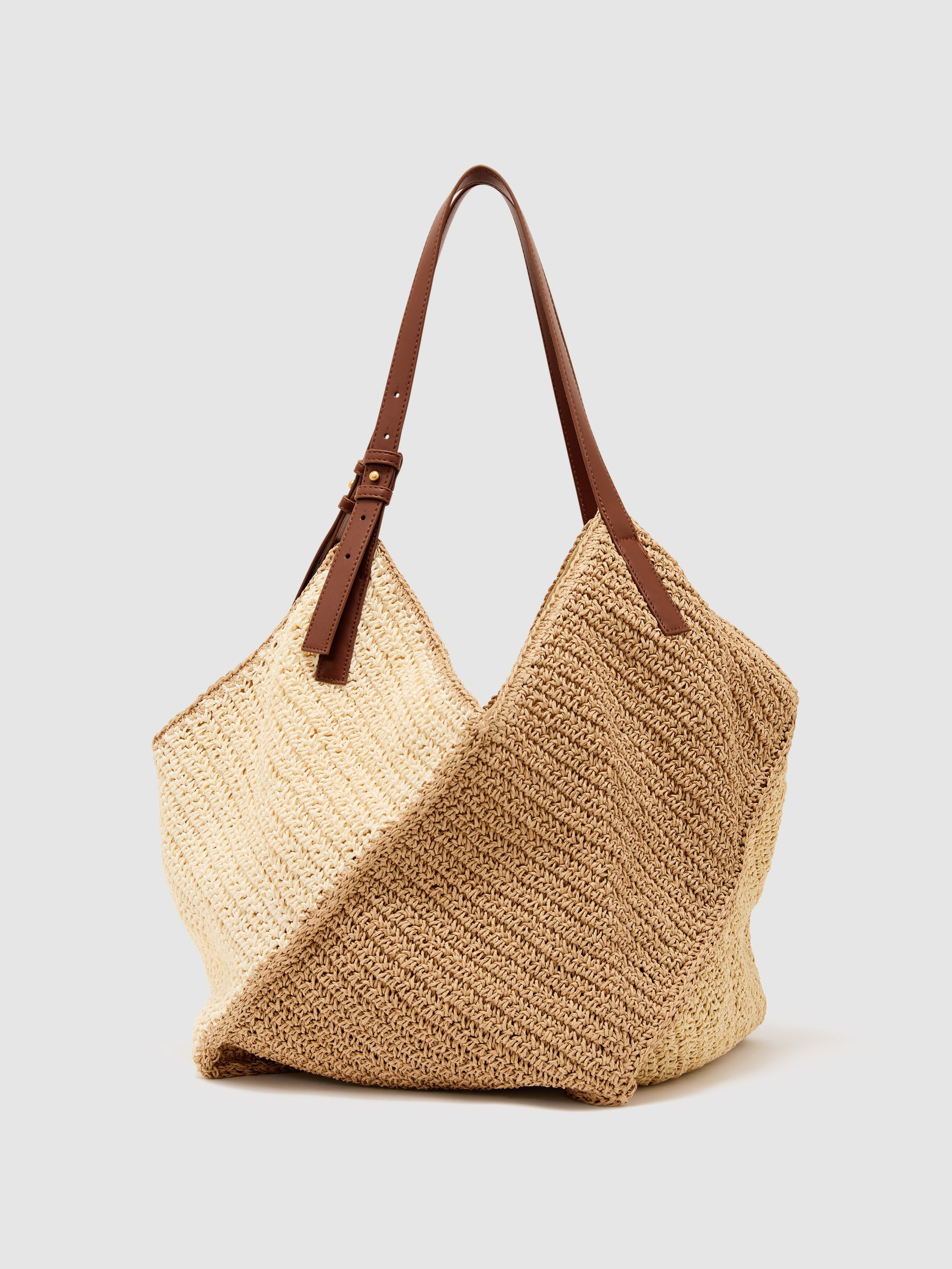 Reiss Raffia-Effect Colour-Block Tote Bag in Navy | REISS | Reiss DE