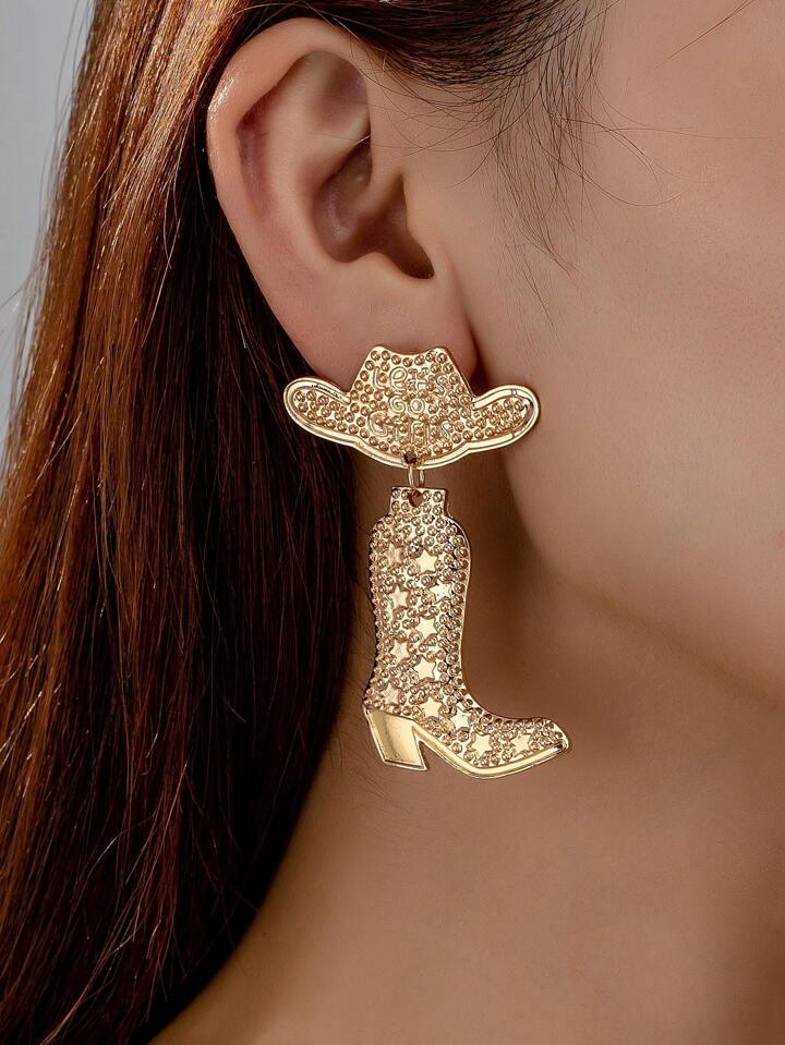 1 Pair Fashionable European/American Style Cowboy Boots, Hat & Earrings Metal Set | SHEIN