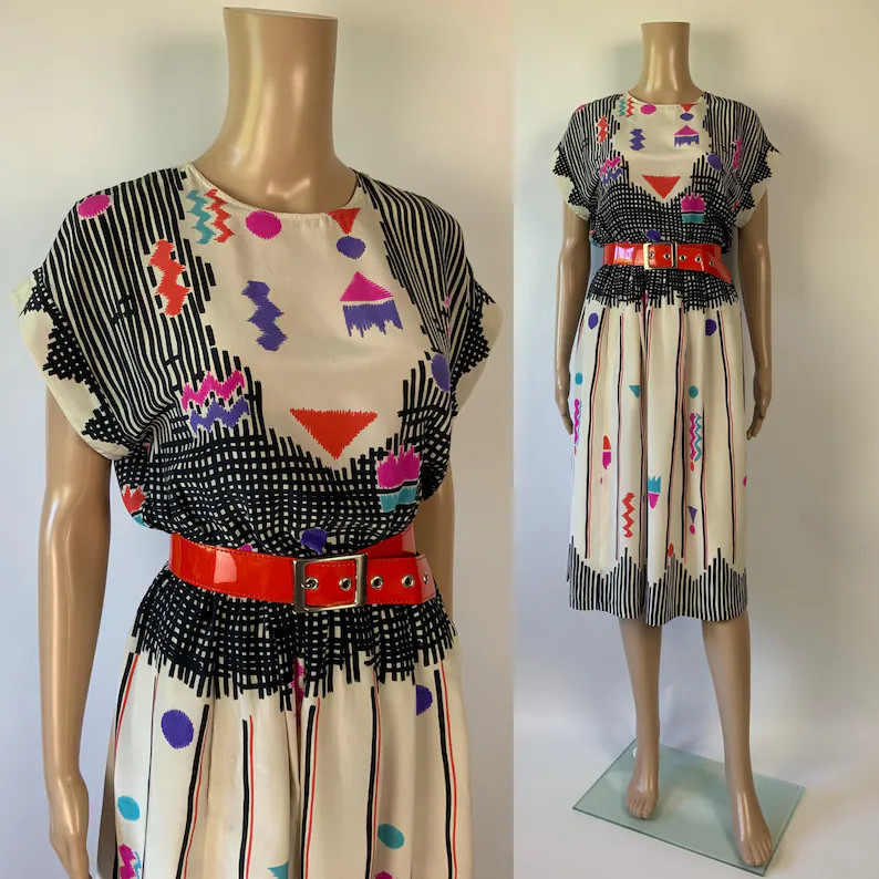 LOUIS FERAUD Vintage Silk Abstract Print Dress | 70s Fun Summer Short Sleeve | Etsy (Global)