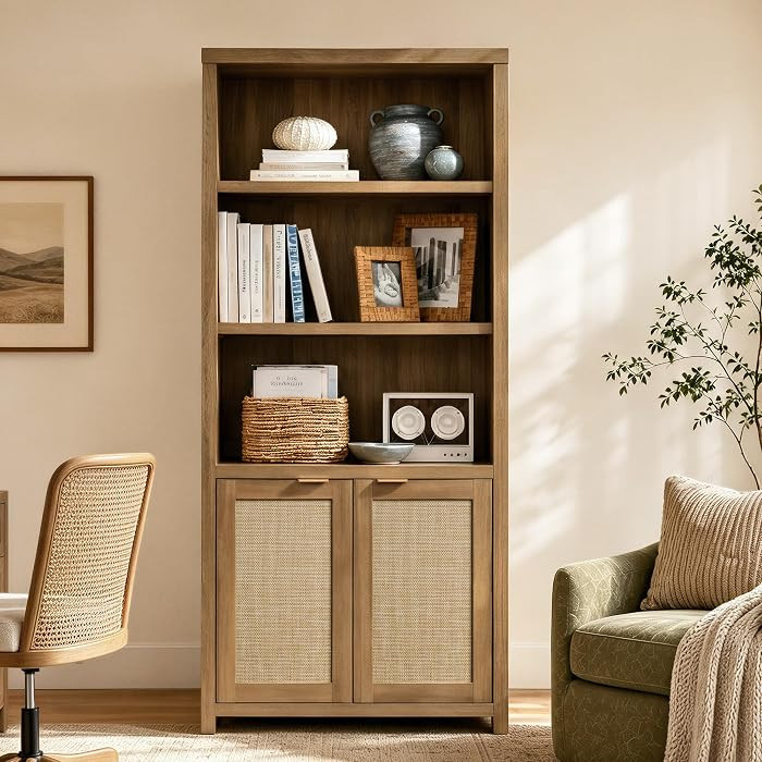 SICOTAS 71" Tall Bookcase 5 Tier Rattan Bookshelf with Doors for Library | Amazon (US)
