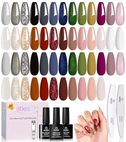 beetles Gel Polish Set - Gel Nail Polish Kit Gilded Veil 25 Colors Black White Burgundy Blue Nude Grey Green Glitters UV Led Nail Polish with Top Base Coat Soak off Nail Art Gift for Women | Amazon (US)