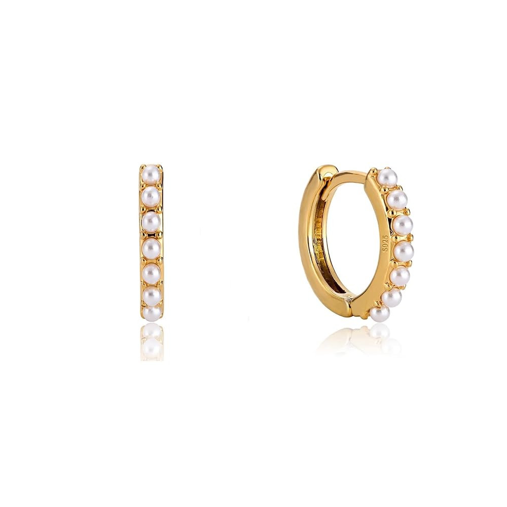 Gold Pearl Hoop Earrings for Women | 18K Gold Huggie Dangle Earrings | Lightweight Small Hoop Ear... | Amazon (US)