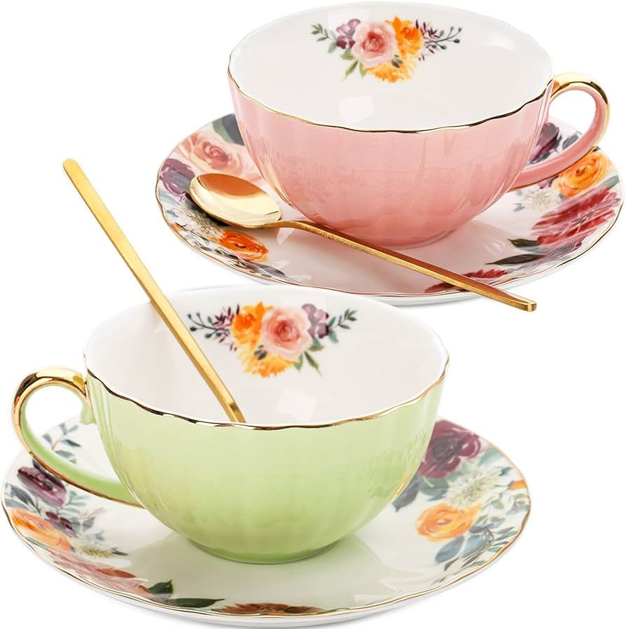 Set of 2 Tea Cup and Saucers, 8 Oz Floral Tea Cups with Gold Trim and Spoon, Porcelain British Co... | Amazon (US)