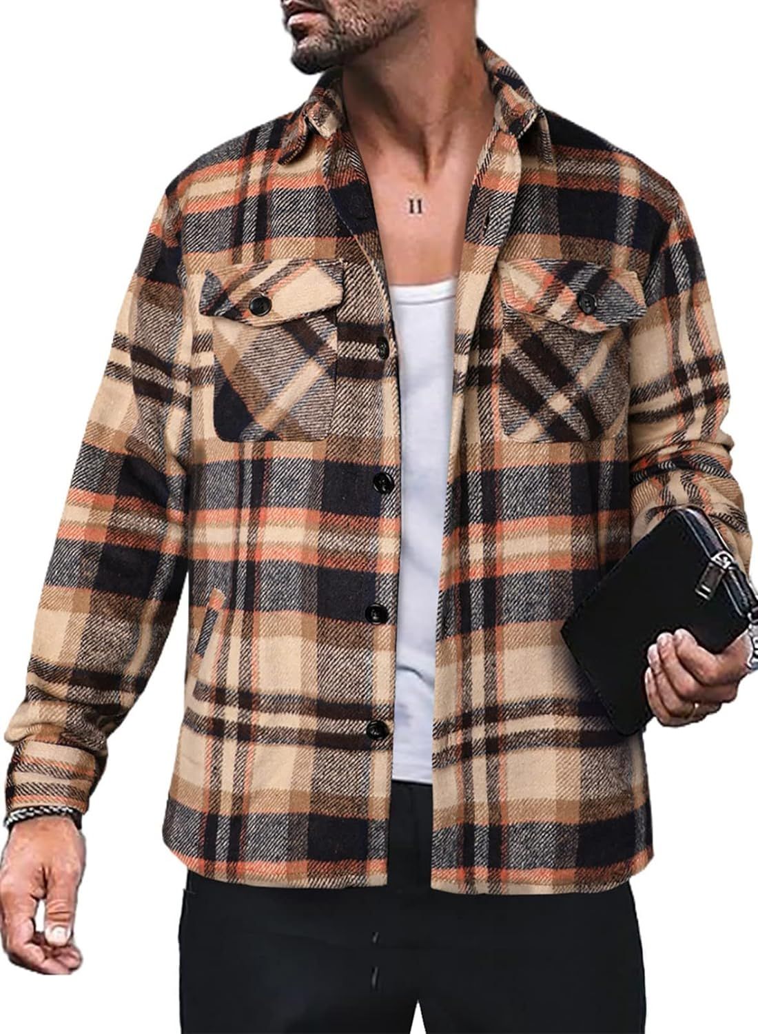 JMIERR Mens Mens Flannel Plaid Shirt Long Sleeve Button Down Fall Shacket Jacket Coats | Amazon (US)