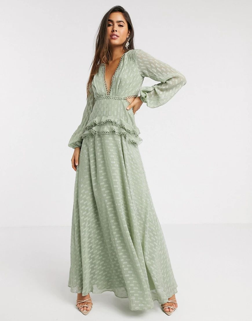 ASOS DESIGN jacquard tiered maxi dress with lace trim detail in sage-Green | ASOS (Global)