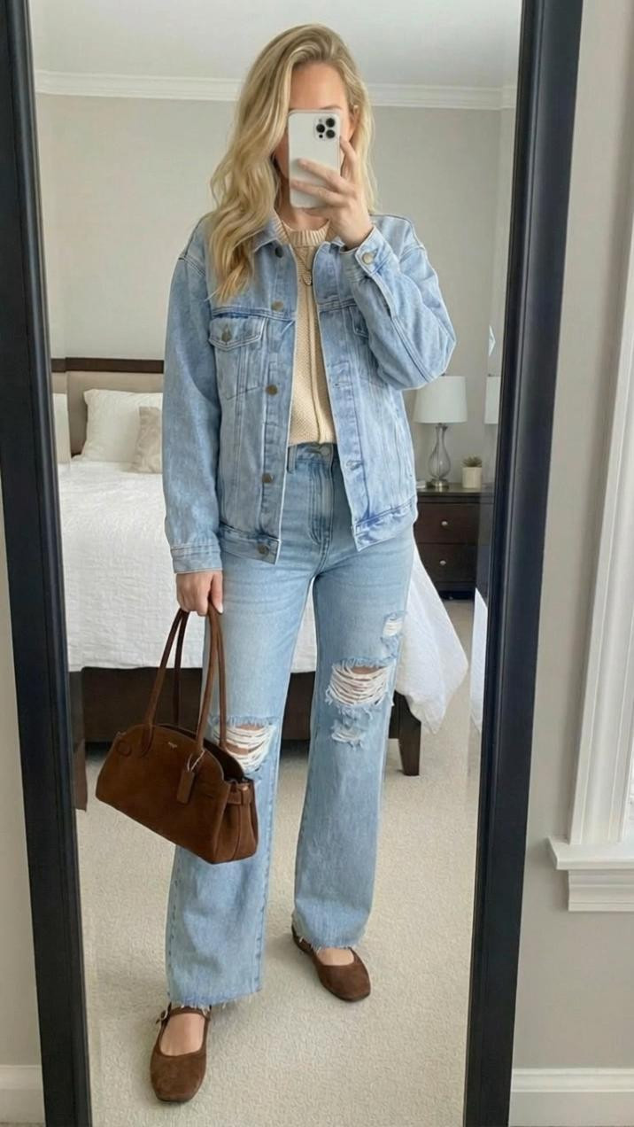THIS OVERSIZED DENIM JACKET IS THE PERFECT SPRING STAPLE! 💙
I'm OBSESSED with this light-wash oversized denim jacket and how it completes this casual look! If you're looking for spring outfit ideas, denim-on-denim styling, everyday casual looks, or that perfect layering piece for transitional weather, THIS IS IT! This jacket has been my go-to! 🌸
THE JACKET: Can we talk about how perfect this oversized light-wash denim jacket is?! The relaxed, slouchy fit is SO on-trend and comfortable! The light blue wash is classic and versatile, the distressed details add character, and the oversized silhouette creates that effortless cool-girl vibe! This is a wardrobe staple everyone needs! 💙
The quality is amazing - substantial denim that feels broken-in and comfortable! The classic button-front, chest pockets, and slightly longer length make it so versatile! It's the perfect weight for spring layering and works with literally everything! ✨
THE BASE: That cream/oatmeal knit sweater underneath is the perfect neutral base! Cozy sweaters under denim jackets are such a classic spring combo! The neutral tone works beautifully with the denim! 🧶
THE JEANS: These light-wash distressed wide-leg jeans are EVERYTHING! The ripped knee details add edge, the light blue wash creates a beautiful tonal denim look, and the wide-leg silhouette is so flattering and on-trend! Denim-on-denim done right! 👖
STYLING: I paired this with brown suede loafers and a cognac leather tote for the ultimate neutral, elevated casual look! The brown accessories add warmth and sophistication! This outfit is effortlessly chic! 👞
THE ACCESSORIES: That structured brown leather tote is perfect for everyday! The rich cognac color coordinates beautifully with the outfit, and the classic shape is timeless! Gold jewelry adds the finishing touch! 👜
COLOR PALETTE: Light denim + cream + cognac brown is such a timeless, neutral combination! It's soft, sophisticated, and perfect for spring! This color scheme is giving capsule wardrobe perfection! 🤎
THIS OUTFIT IS PERFECT FOR: spring days, casual weekends, running erran 

 

#LTKgrwm #LTKootd #LTKmomlife