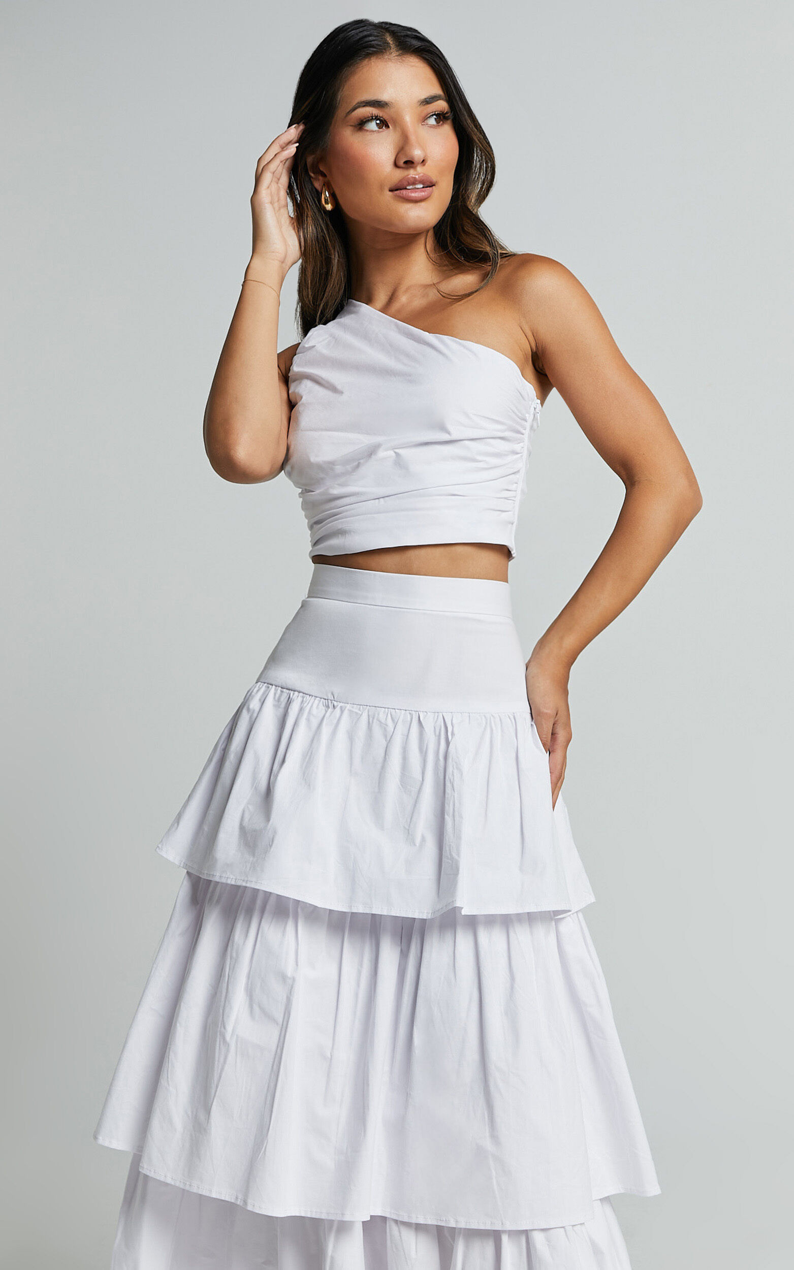 Kaycie Two Piece Set - One Shoulder Asymmetrical Ruched Top and Tiered Midi Skirt Set in White | Showpo (US, UK & Europe)