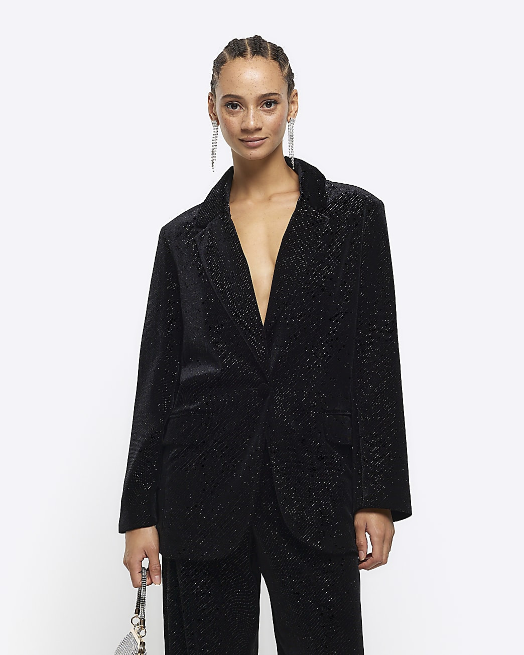 Black velvet sparkle tux blazer | River Island (UK & IE)