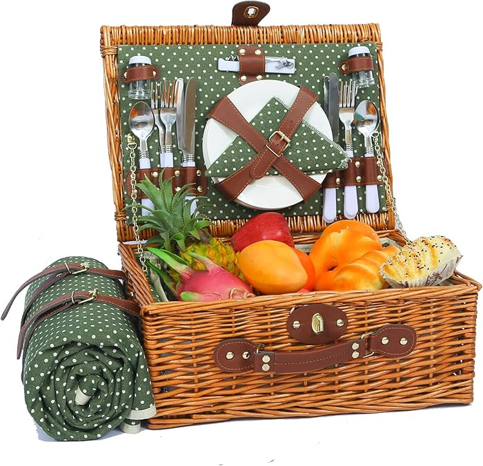 Picnic Basket for 4 Persons with Waterproof Picnic Blanket and Insulated Cooler, Large Wicker Pic... | Amazon (US)