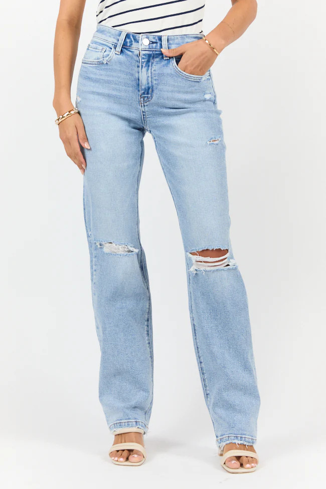 Jess Medium Wash High Waisted Distressed Straight Leg Jeans | Pink Lily